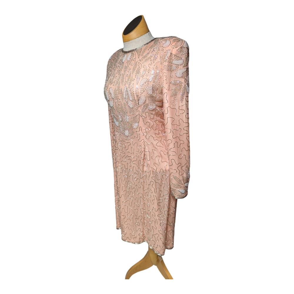 Vtg 1980s Night Vogue Peach 100% Silk Bead Embellished Long Sleeve Mini Dress M